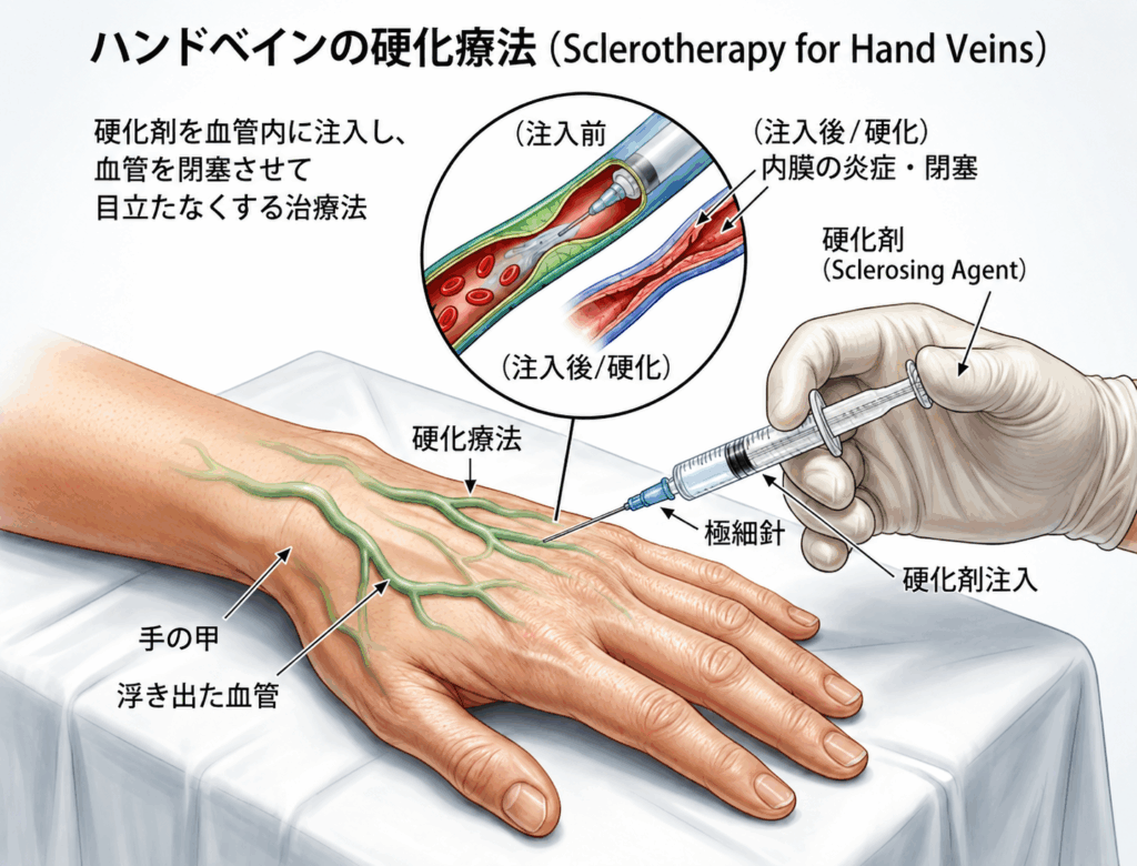 3．当院の治療法①： 血管内注射による「硬化療法（こうかりょうほう）」